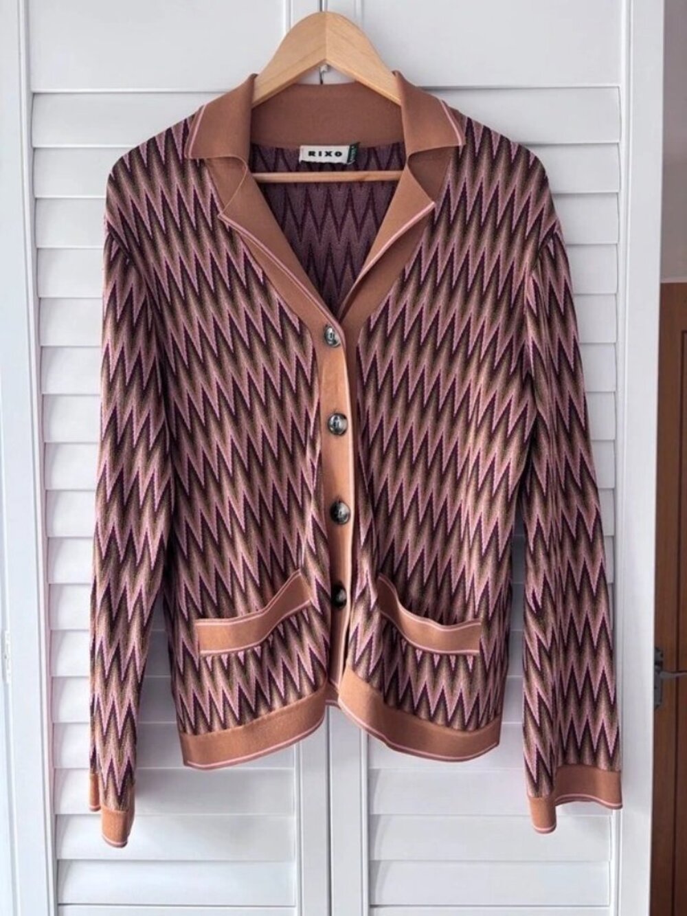 Rixo Quinley Zig Zag Knit Cardigan Pink Brown M